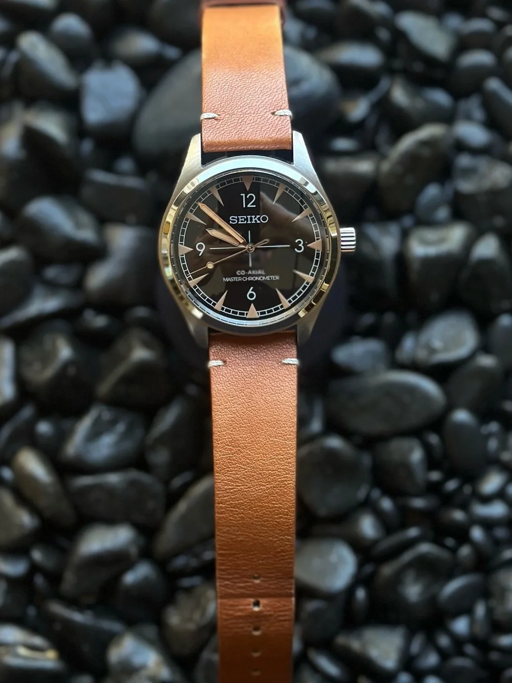 Seiko Mod Black Dial Watch with Tan Leather Strap